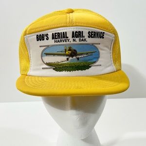 Vintage North Dakota Snapback Mesh Trucker Hat Rare 1970s Yellow w/ airplane